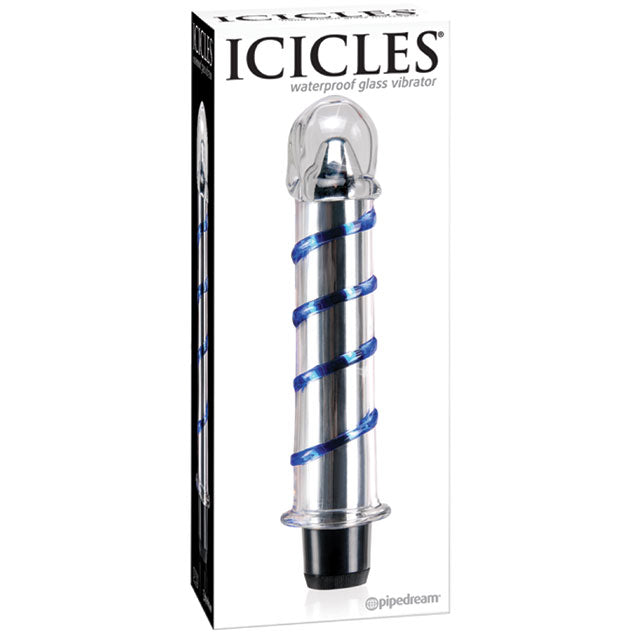 Pipedream Icicles No. 20 Ribbed Vibrating 7.5 in. Glass Dildo Blue/Clear