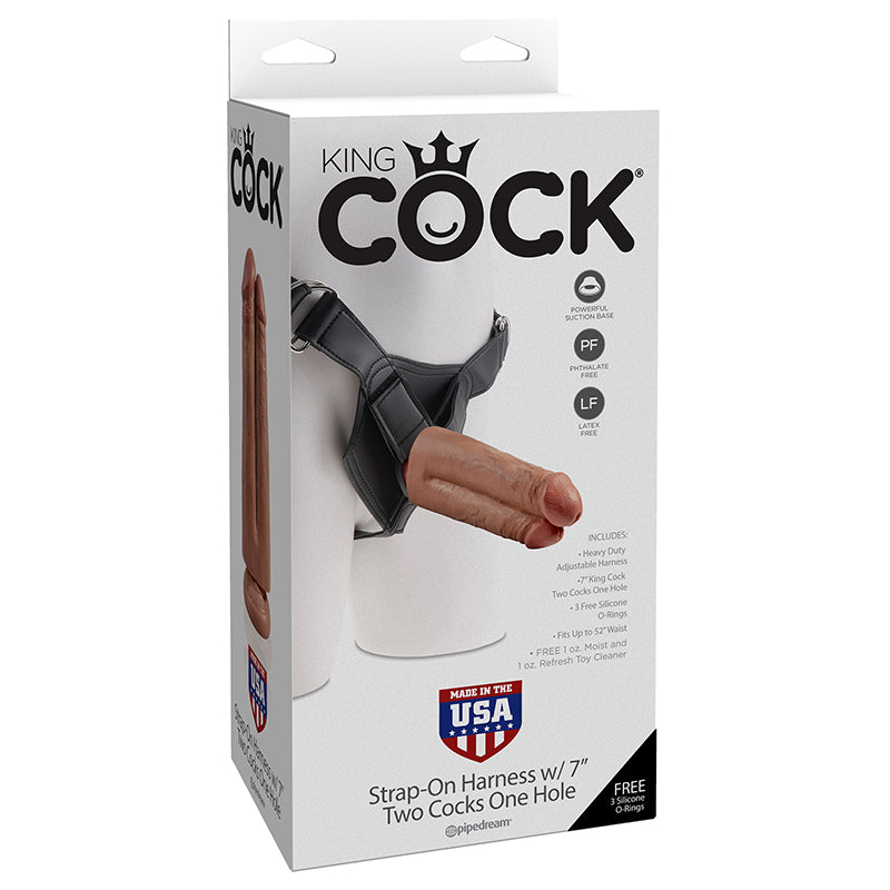 Pipedream King Cock Adjustable Strap-On Harness With 7 in. Two Cocks One Hole Dual Dildo Tan