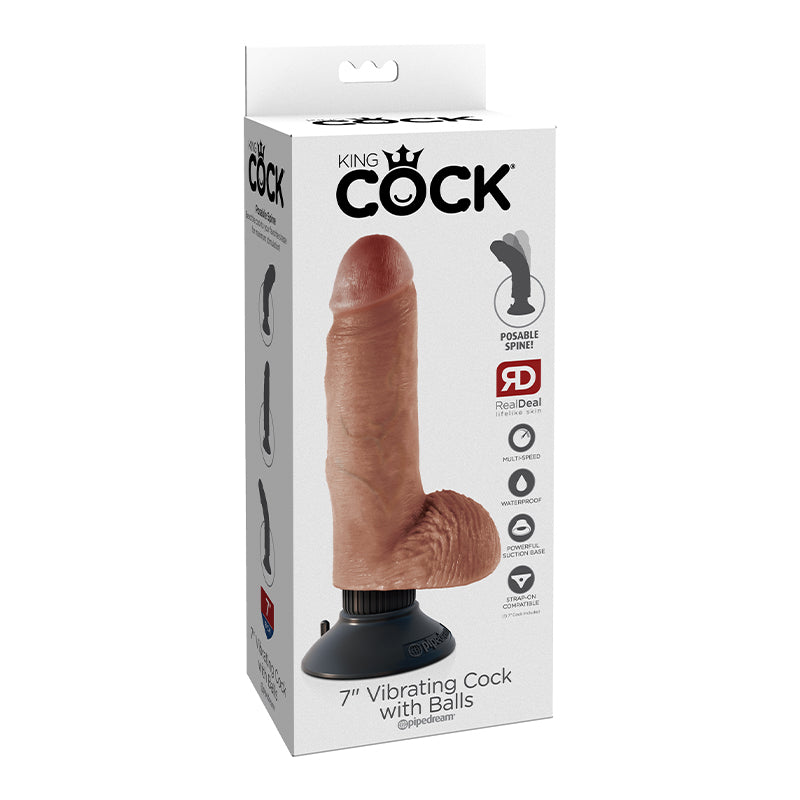 Pipedream King Cock 7 in. Vibrating Cock With Balls Poseable Suction Cup Dildo Tan