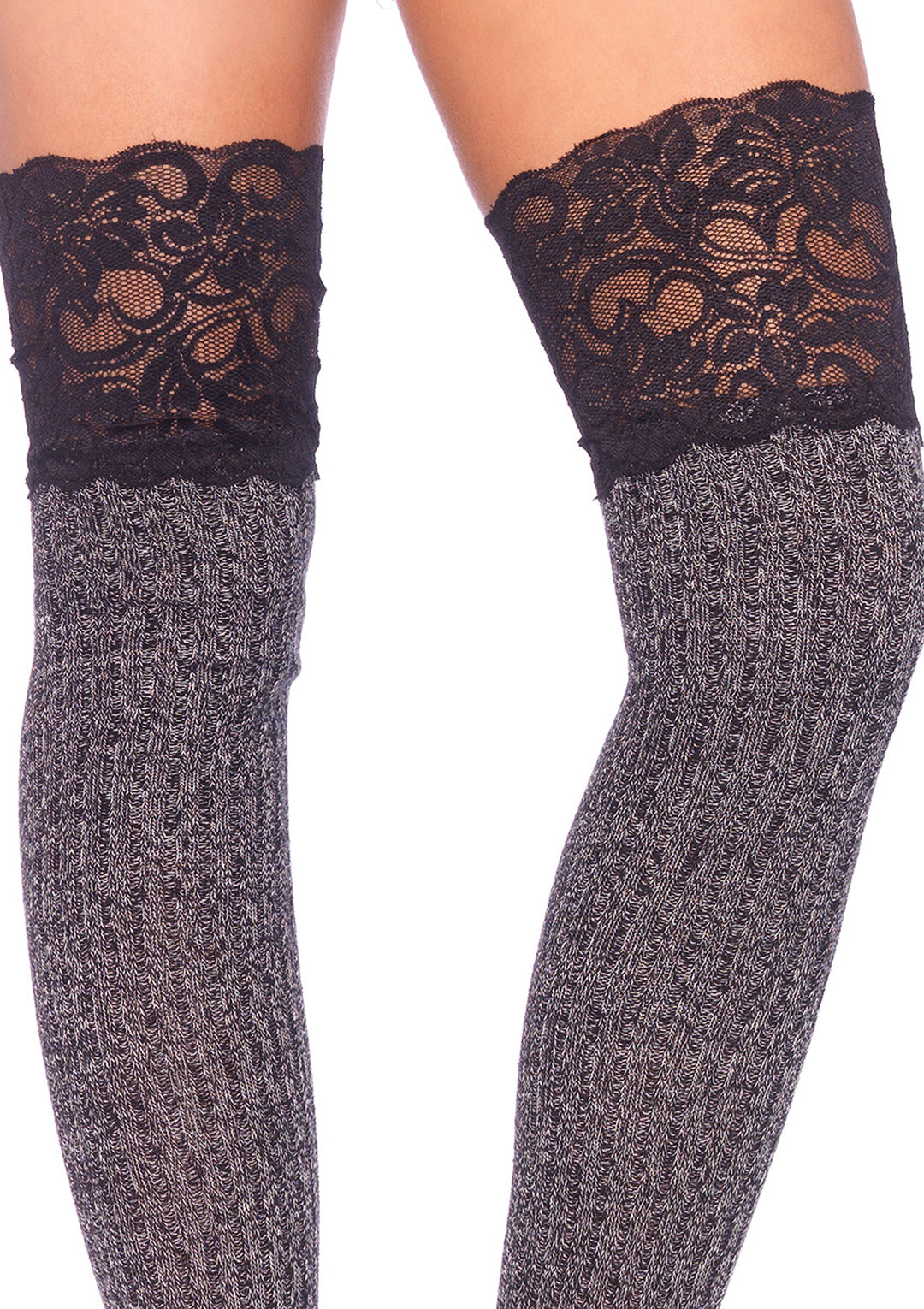 Ribbed Knit Over The Knee Slouch Socks With Wide Lace Top