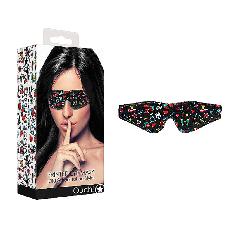 Ouch! Old School Tattoo Style Printed Eye Mask Blindfold Multi-Color