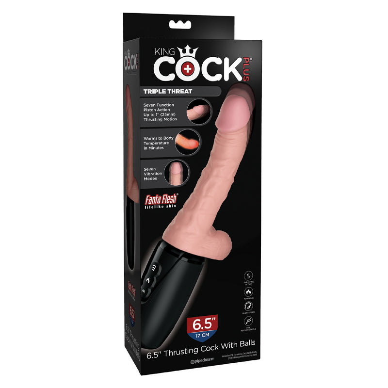 Pipedream King Cock Plus 6.5 in. Thrusting Cock With Balls Rechargeable Realistic Vibrator Beige