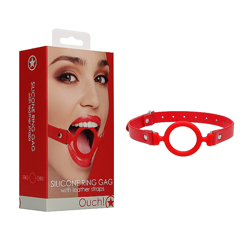 Ouch! Adjustable Silicone Ring Gag With Leather Straps Red