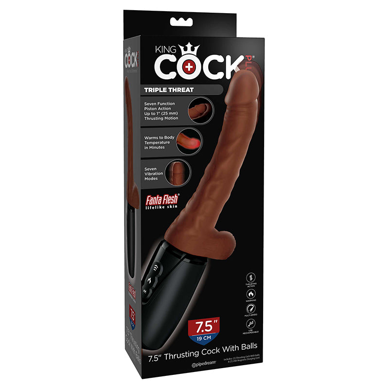 Pipedream King Cock Plus 7.5 in. Thrusting Cock With Balls Rechargeable Realistic Vibrator Brown