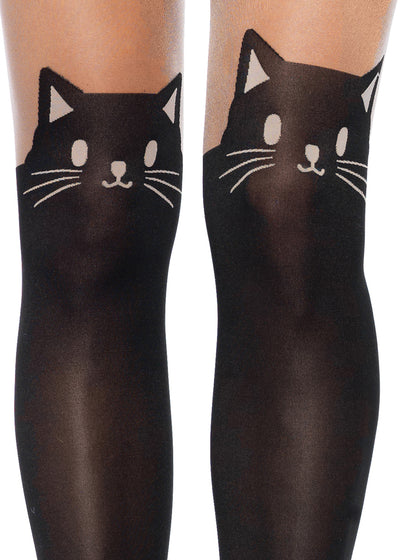 Black Cat Spandex Opaque Pantyhose With Sheer Thigh Accent