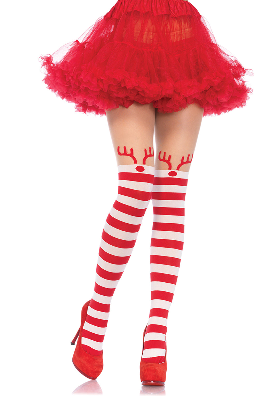 Rudolph Reindeer Opaque Striped Pantyhose W/sheer Thigh High