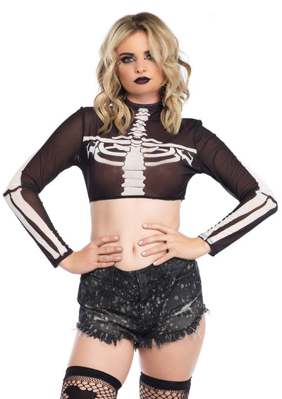 Skeleton High Neck Long Sleeved Mesh Crop Top With Zipper Back