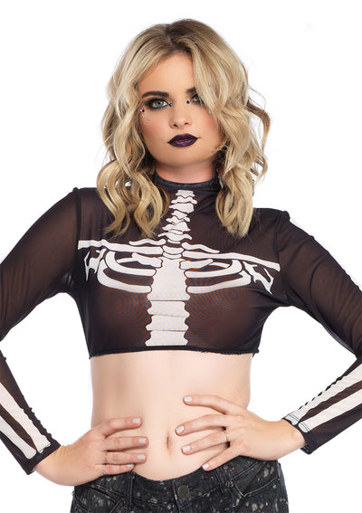 Skeleton High Neck Long Sleeved Mesh Crop Top With Zipper Back