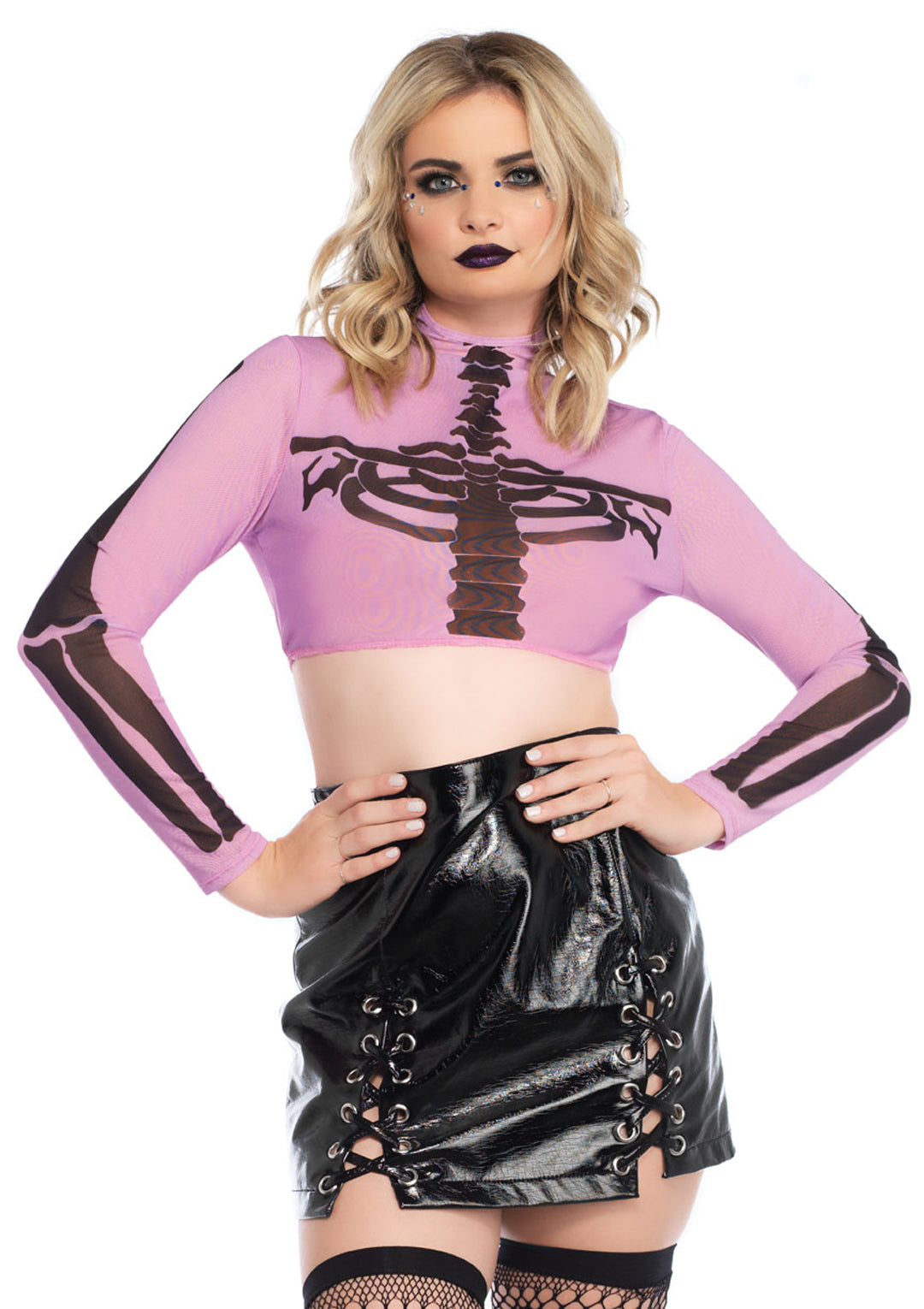 Skeleton High Neck Long Sleeved Mesh Crop Top With Zipper Back