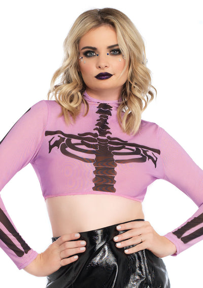 Skeleton High Neck Long Sleeved Mesh Crop Top With Zipper Back