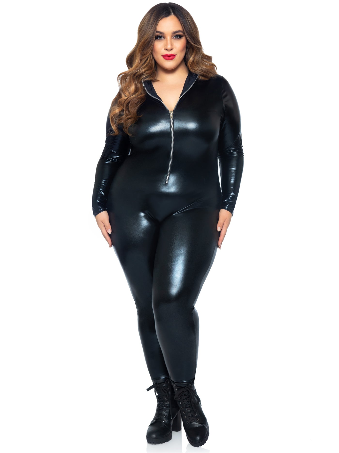 Wet Look Zipper Front Cat Suit