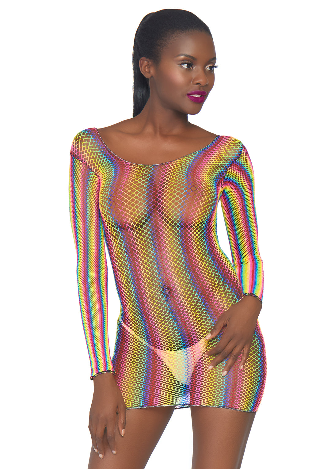 Rainbow Fishnet Long Sleeved Mini Dress