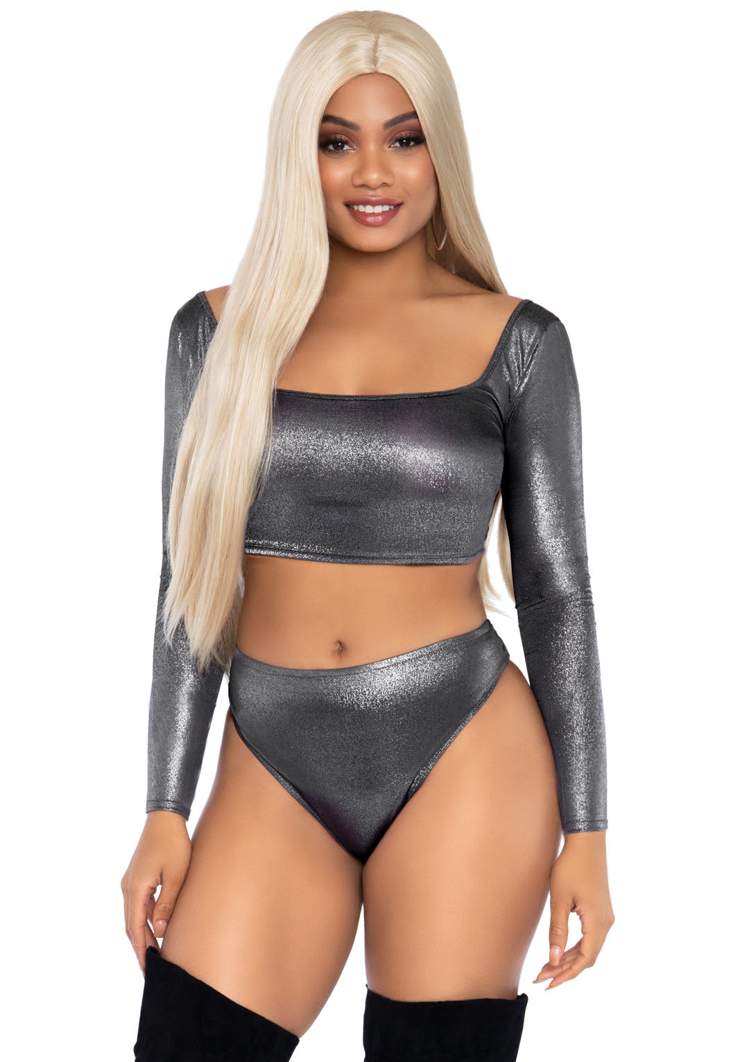 2-piece Shimmer Spandex Long Sleeve Crop Top And High Waist Thong Brief