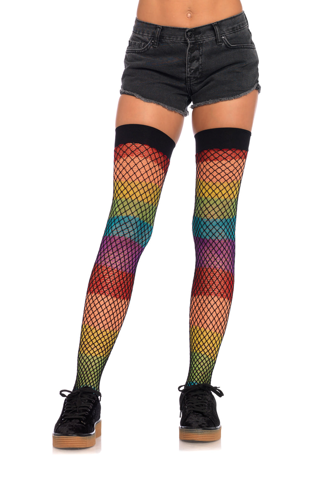 Rainbow Thigh Highs With Fishnet Overlay