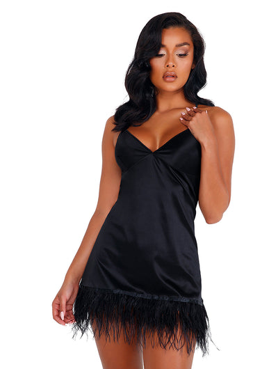 Soft Satin Chemise with Ostrich Feathered Trim