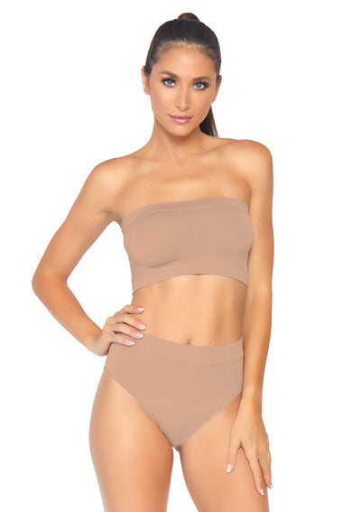 2-piece Seamless Opaque Microfiber Ribbed Bandeau Top And High Waist Brief